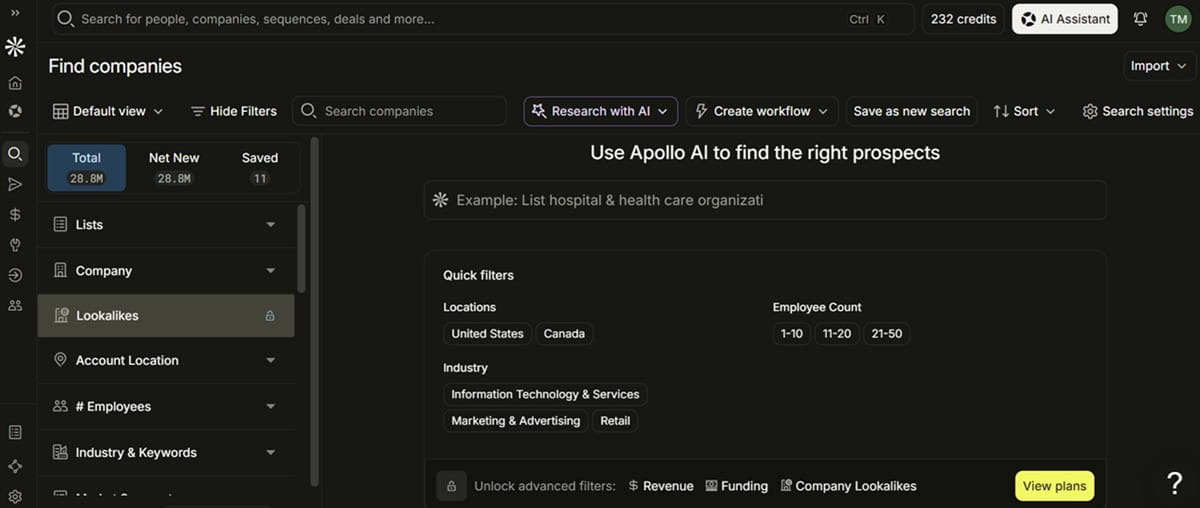 Apollo.io search interface showing AI-powered prospecting filters for company location, employee count, and industry, with an option to "Research with AI."